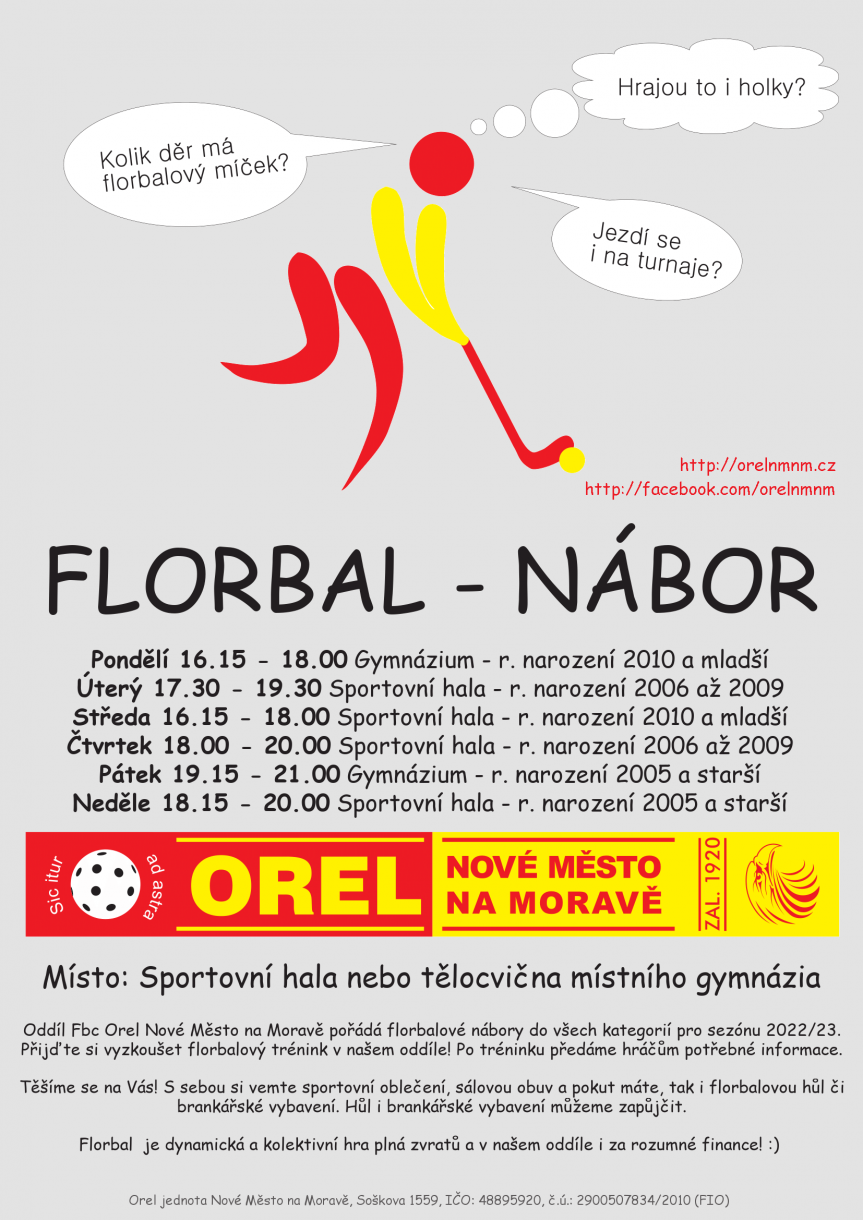 Florbalový NÁBOR (čtvrtek) – ročníky 2006 až 2009