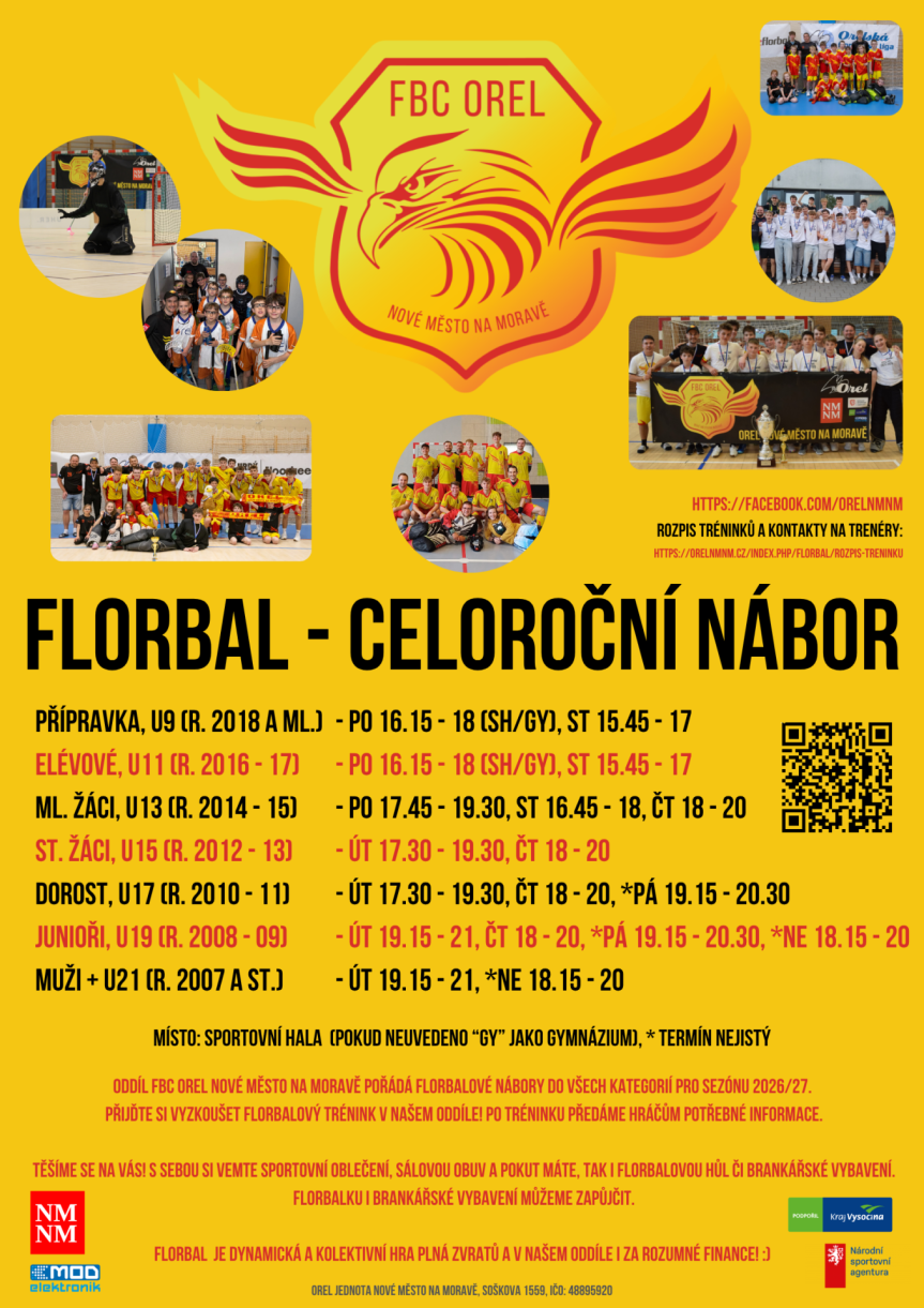 Florbalový NÁBOR (pondělí) – ročníky 2014 a mladší